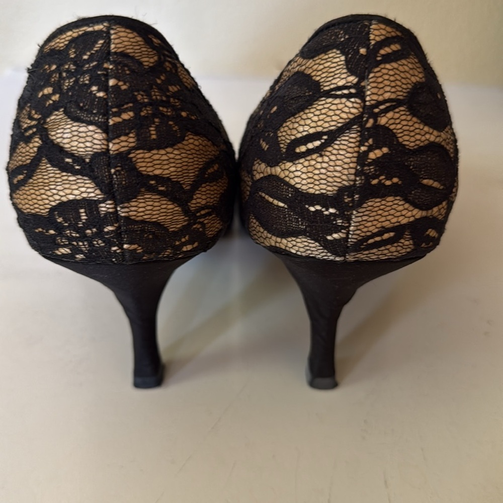 Elegant evening  Black Lace kitten Heels with Bow peep toe pumps - Picture 3 of 5